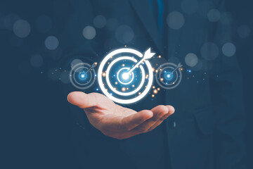 Startup business concept, businessman hands show goals and target for growing business, fast business success. Startup founder, network connection, idea generation, digital marketing.