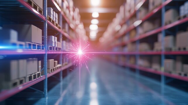 Holographic projection of warehouse software, showing dynamic parcel tracking updates and route optimizations, glowing blue and purple lights, Futuristic CGI Design