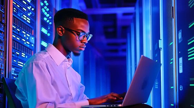 African American data engineer working diligently in a cutting-edge server room environment.