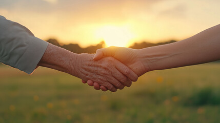 warm handshake between two people at sunset symbolizes connection and trust.