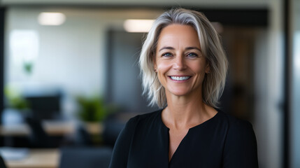 Fototapeta premium confident woman with short blonde hair smiles warmly in modern office setting, exuding professionalism and approachability.