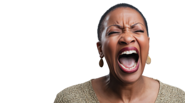 Angry senior african american woman shouting with transparent background
