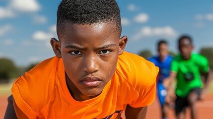 Focused young Black boy in bright orange shirt prepares to race on a sunny outdoor track.