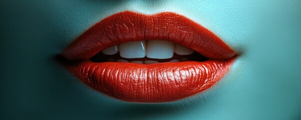 Obraz premium Close-up of Vibrantly Red Lips with Greenish Hue on Skin and Detailed Texture Highlighting Lip Gloss and Subtle Teeth Exposure