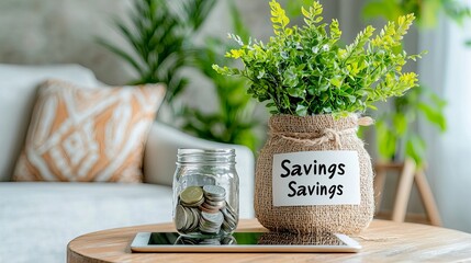 A decorative savings jar and a glass jar of coins on a wooden table, promoting financial growth and stability.