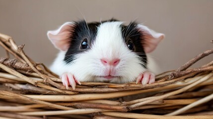Cute black and white guinea pig peeking over a nest of twigs and straw, conveying a sense of curiosity and warmth in a cozy, natural setting