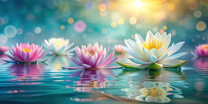 Colorful water lily flowers floating on a serene and peaceful abstract spring background with soft pastel hues and gentle ripples in the water, floral, serene