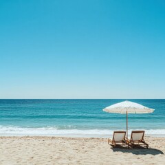 Obraz premium Relaxing beach getaway with a lounge chair and umbrella by calm ocean waves under a bright blue sky. Generative AI