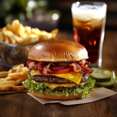Collection of a delicious burger with bacon, cheese, and fries served with a cold drink at a casual dining setting