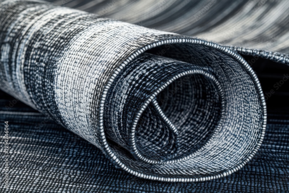 Poster macro shot of rolled fabric with detailed stitching and balanced lighting against a blurred dark bac