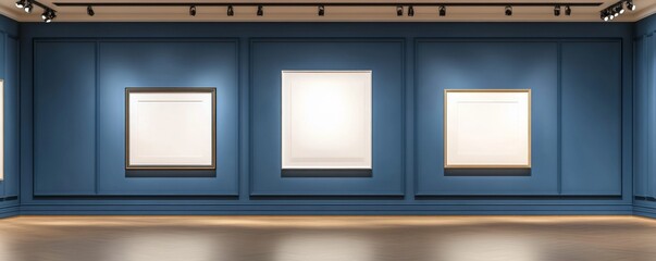 Empty gallery frames on blue walls, wooden floor, spotlights