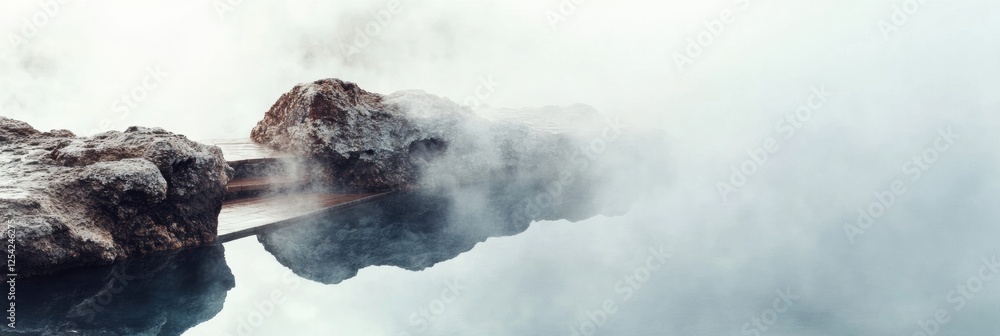 Poster serene hot spring with steam rising above rocky edges in a tranquil setting surrounded by nature in 
