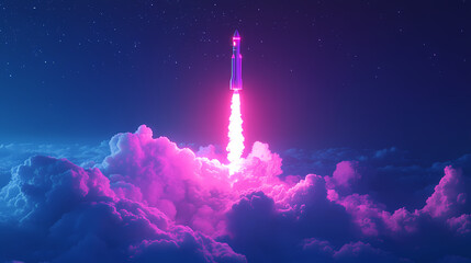 Rocket Launch in Night Sky with Pink Flame Trail