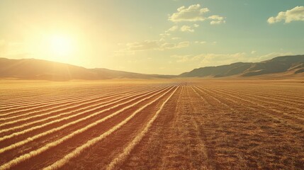 Fototapeta premium Sunset over a vast, flat agricultural field with rows of crops.