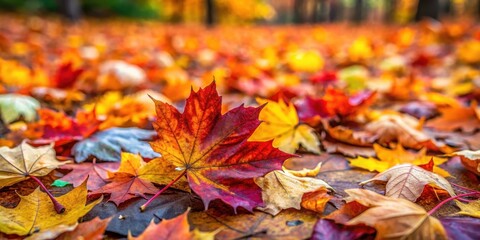 Autumn leaves scattered on the forest floor, vibrant colors and textures