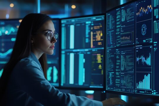 Analyst working with Business, Concept digital transformation technology strategy, Analytics and Data Management System on computer, make a report with KPI and metrics connected to database.