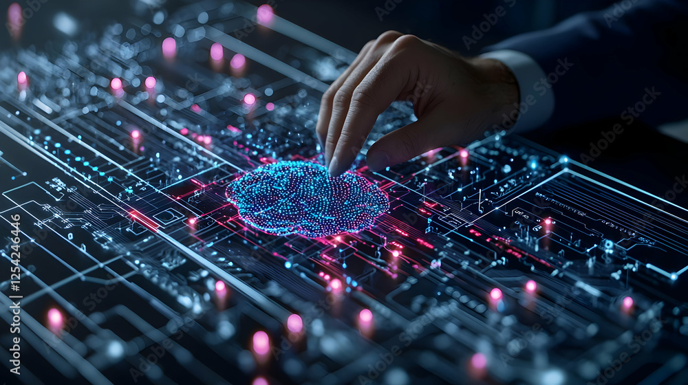 Poster Hand Interacting with Glowing Digital Data Network