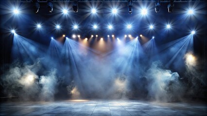 Fototapeta premium Darkened dance stage with swirling smoke and strobe lights