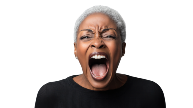 Angry senior woman shouting with transparent background