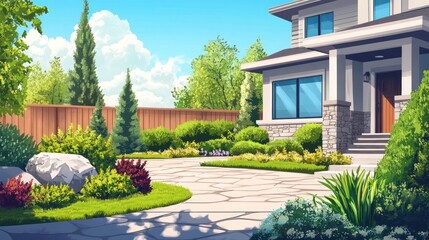 Obraz premium Sunny suburban home with landscaped yard and stone pathway.