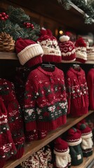 A charming display of festive red and white knitted sweaters and hats adorned with Christmas patterns, showcased on shelves, embodying the holiday spirit and warmth.
