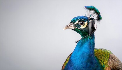 Majestic Peacock with Vibrant Feathers Wearing a Sleek Headset Microphone