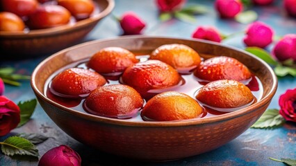 Softly glowing gulab jamun balls floating in a pool of fragrant rose syrup