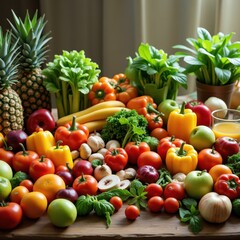 A close-up captures vibrant fresh veggies artfully arrayed on a wooden table. Centerpiece is a bright yellow squash, encircled by colorful produce, inviting taste and nature's beauty