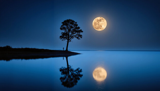 Moonlit river flowing through a serene landscape, Full moon reflection, Worm moon