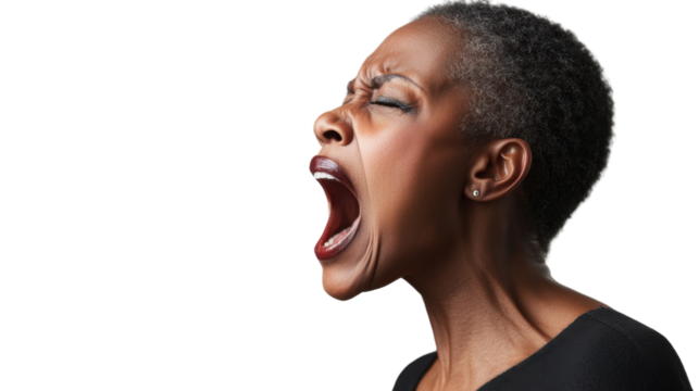 Woman screaming with transparent background: expressing intense emotion
