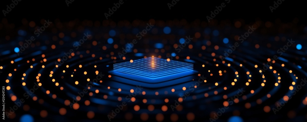 Poster Glowing data cube on digital network; abstract tech background