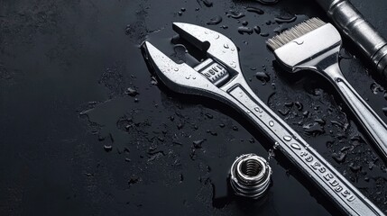 Fototapeta premium A set of tools, including a wrench, next to a drain pipe that is being cleaned in a kitchen setting.