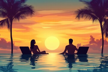 beach holidays for couple in luxury hotel, banner background with copyspace, man and woman relaxing near swimming pool at sunset