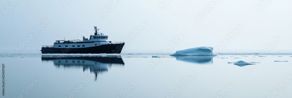 Aufkleber calm waters with a research vessel navigating icebergs in a serene arctic landscape during early mor