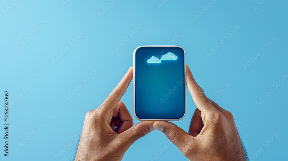 Poster pm2.5 pollution affects the respiratory system. hands holding smartphone displaying cloud icon again