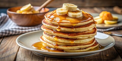 Fluffy pancakes stacked on a plate with sliced banana and drizzled with honey