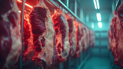 Raw beef hanging in a refrigerated warehouse