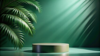 Obraz premium Elegant podium pedestal standing alone on a deep green background with a dramatic shadow of a palm leaf extending downwards, podium, conference setup