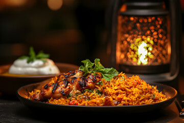 A dimly lit table featuring kabsa rice with grilled chicken, labneh, and mint tea, with a lantern in the background. Arabian food