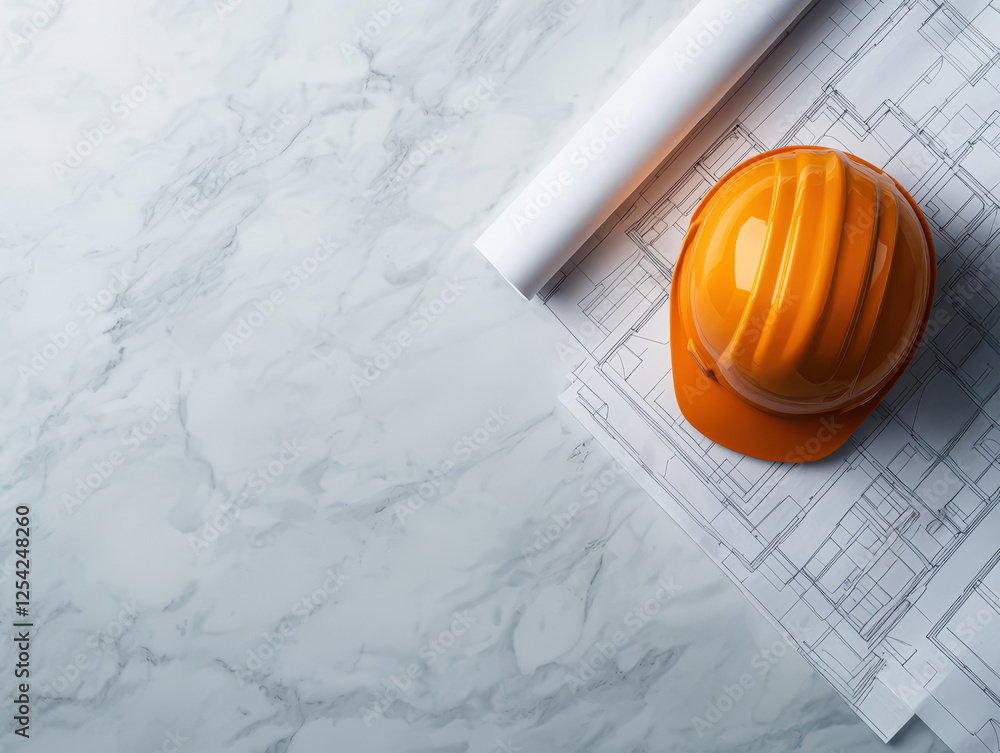 Poster housing property demand concept. macro view of architectural blueprints with orange hard hat