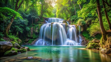 waterfall cascade in forest, tranquil atmosphere, natural scenery