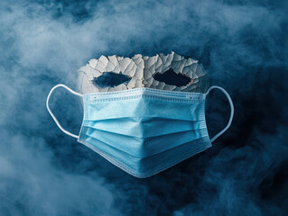 PM2.5 pollution affects the respiratory system. Artistic close up of cracked face mask amidst thick fog, evoking mystery