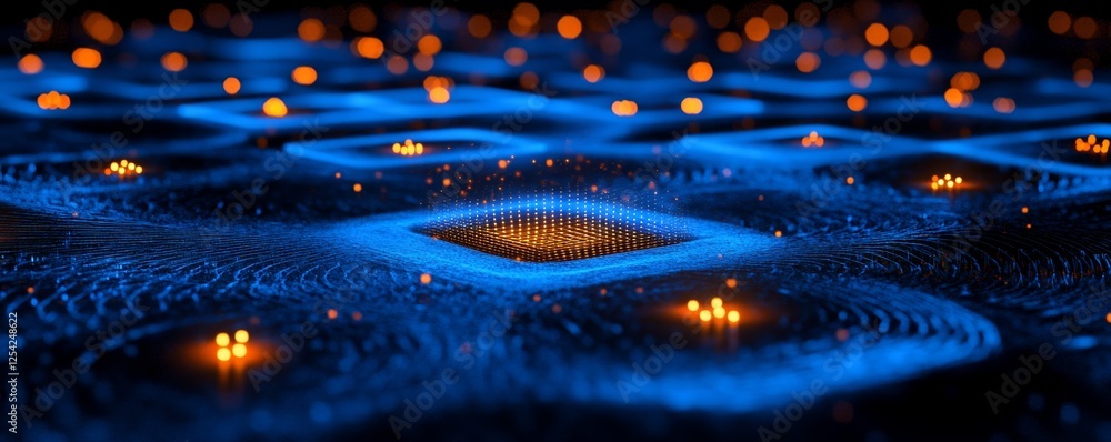 Poster Glowing CPU core in digital landscape; network background