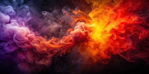 Viscous smoke in shades of red orange yellow and purple swirls around a central axis amidst a dark backdrop forming an otherworldly aura , mist, atmospheric