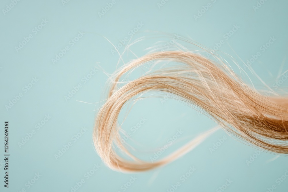 Poster broken strand of hair showcasing texture against a soft blue background in macro detail. generative 