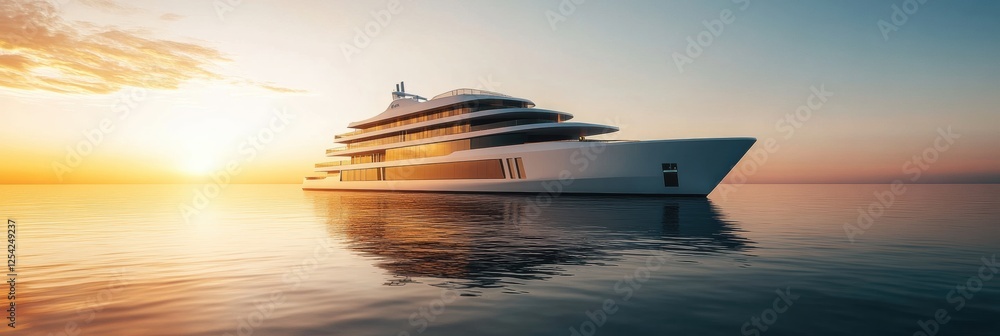 Poster luxurious yacht anchored in calm waters during a vibrant sunset by the horizon in a serene coastal s