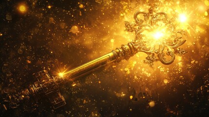A golden key surrounded by sparkling particles, symbolizing mystery and discovery.