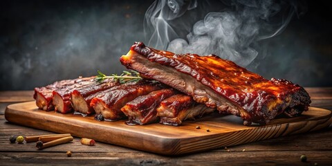 Tender and juicy BBQ smoked ribs laid out on a wooden cutting board in front of a dark and moody background , kitchen, meat
