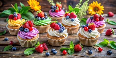 Colorful cupcakes with fresh mixed berries on top, surrounded by green leaves and a wooden background, inviting you to indulge in the sweet treat , edible flowers, food styling