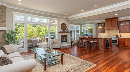 Fototapeta premium A stylish modern living room with a glass coffee table, polished wood floors, and statement lighting fixtures creating a luxurious atmosphere.